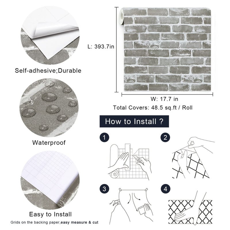 Timeet 17.7''Ã—393.7'' Vintage Gray Brick Peel and Stick Wallpaper Self Adhesive Contact Paper 3D Faux Textured Stone Removable Wallpaper for Bedroom Living Room Home Decor Vinyl Roll Film - Image 4